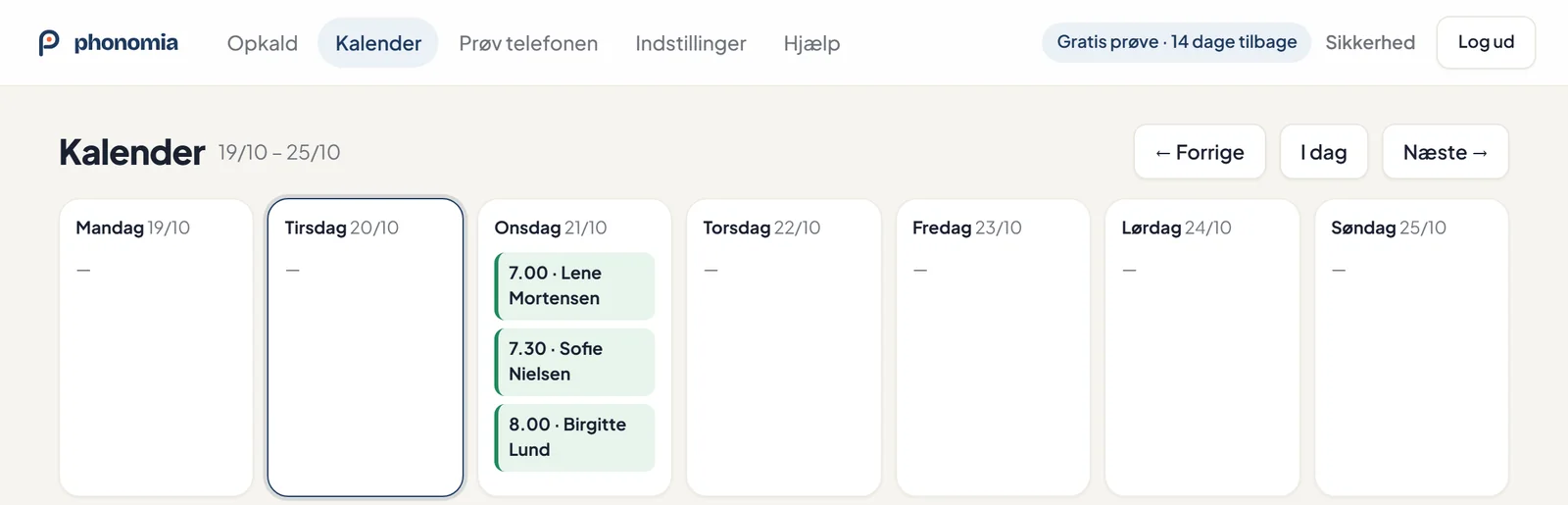 Ugekalender med tre aftaler, som assistenten har booket onsdag.